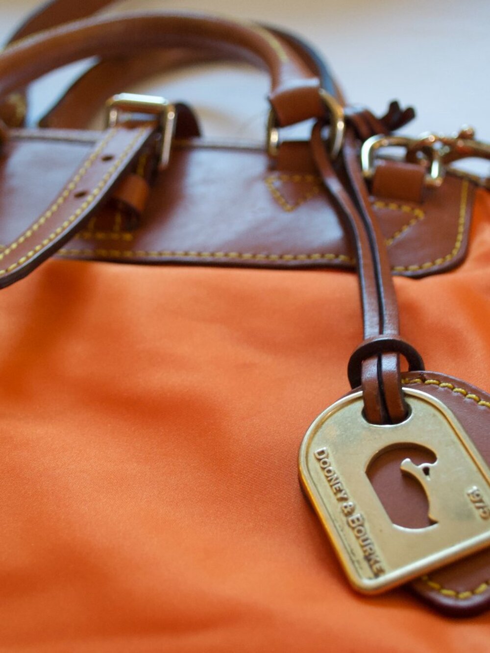 Dooney& Bourke “Nylon Editor’s Tote” in Orange with Leather Trim and Pink Lining - Picture 5 of 10